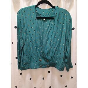 Vintage Tobria green abstract print long sleeve deep v shirt with gold buttons